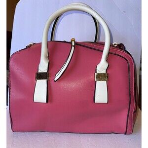Hot Pink Faux Leather Handbag White Handle & Crossbody Strap Satchel Black Trim